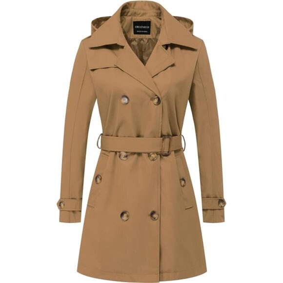 US Women's Trench Coat Double-Breasted Classic Lapel Overcoat Belted Slim - Picture 1 of 7